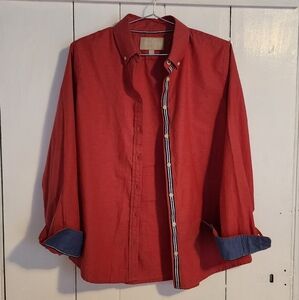 Banana Republic Long Sleeve Salmon Color Button Down Oxford w/ Navy Stripe